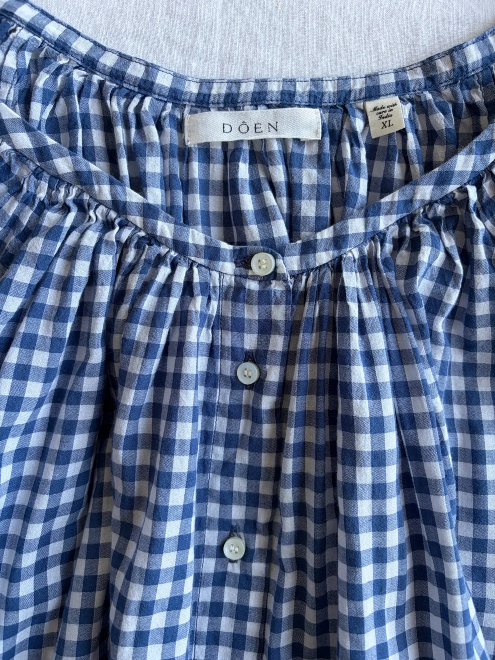 Doen June Cotton Button Short Puff Sleeve Blouse Top Blue Gingham White